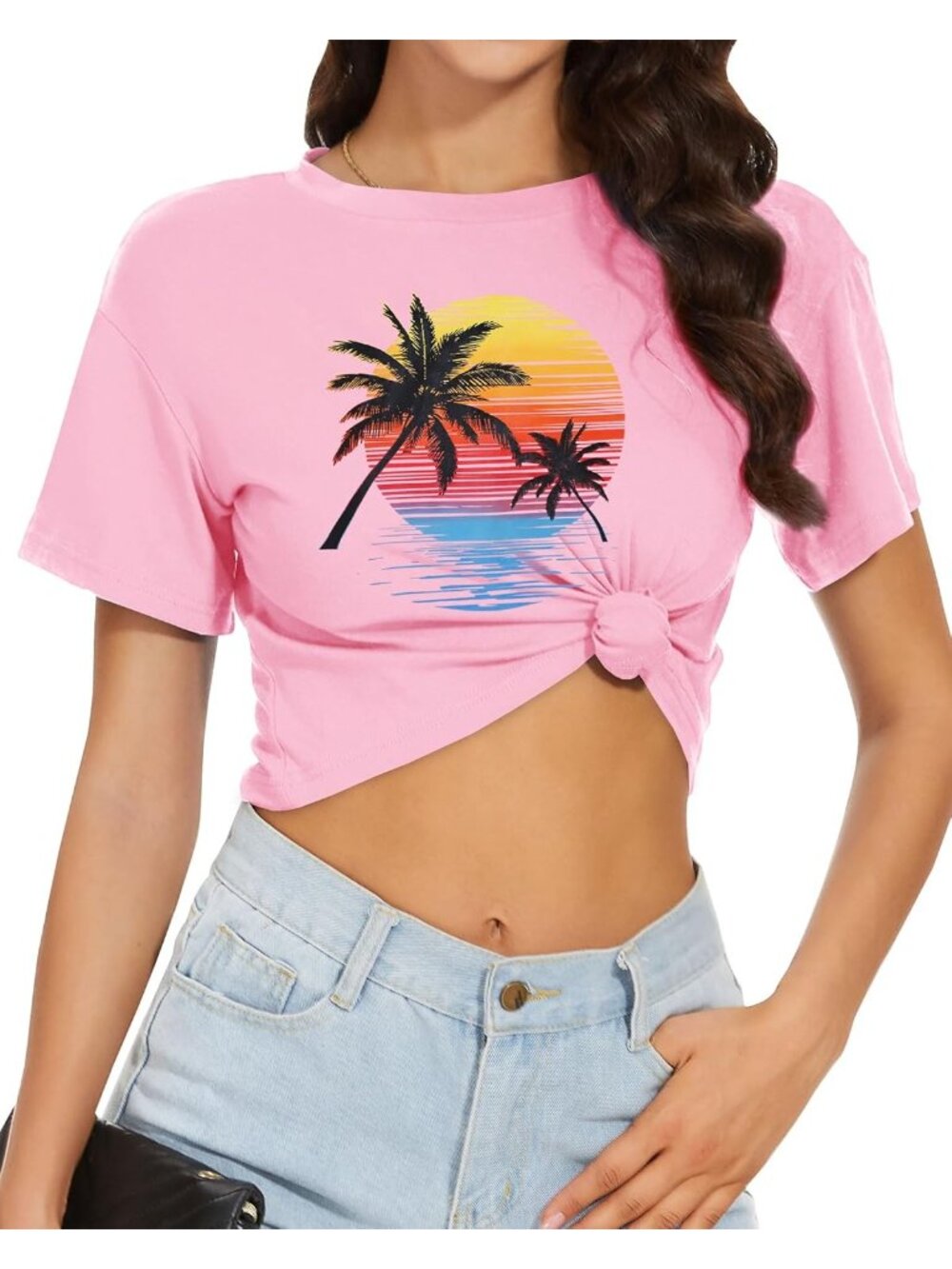 Women's Sunset Coconut Short Sleeve Round Neck Loose Fit Casual Summer Crop Tops - Picture 4 of 6